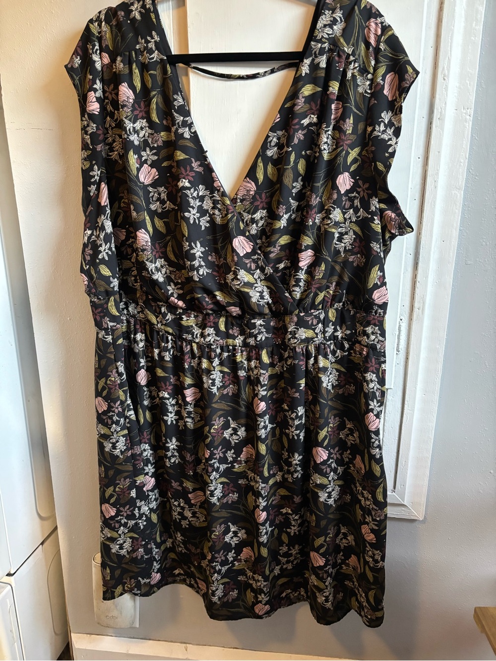 DR2 Black Floral V-Neck Dress with Pink and Olive Accents